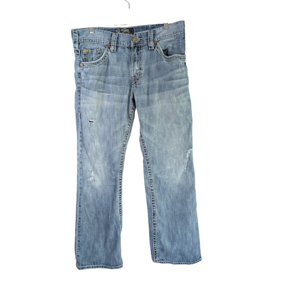 Silver Jeans Zac Mens 34x32 Light Wash Relaxed Fit Distressed Western